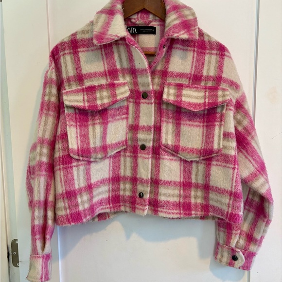 Zara Pink Ivory Plaid Cropped Shacket Oversized Trucker Jacket XS - Picture 2 of 10